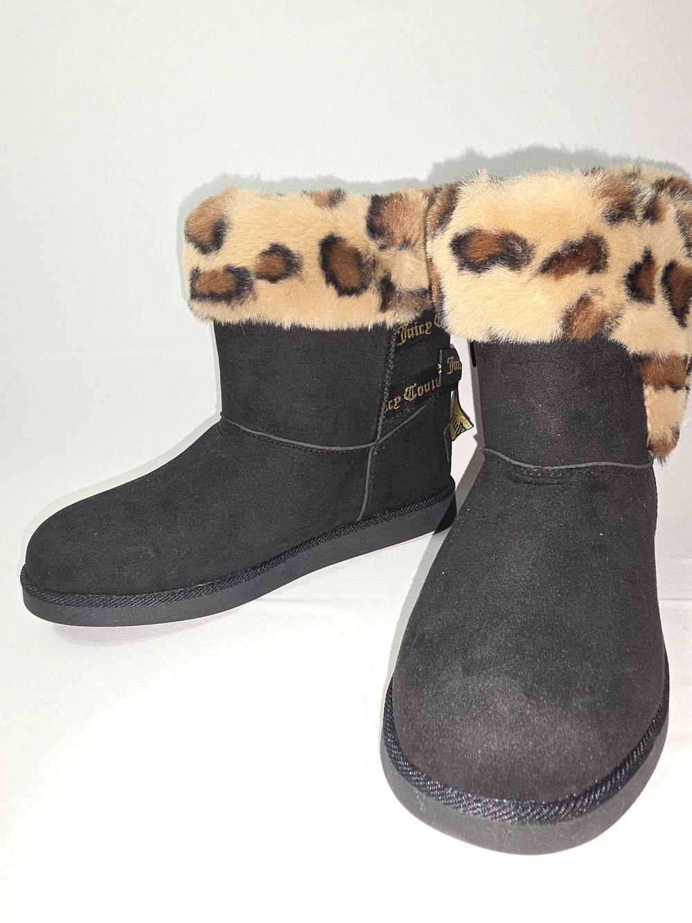 Juicy Couture Black Suede Winter Boots with Leopard Faux-Fur Cuff